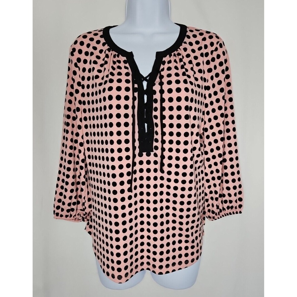 7th Avenue Women's Pink Polka Dot 3/4‎ Sleeve V-Neck Blouse Size Medium NWOT
